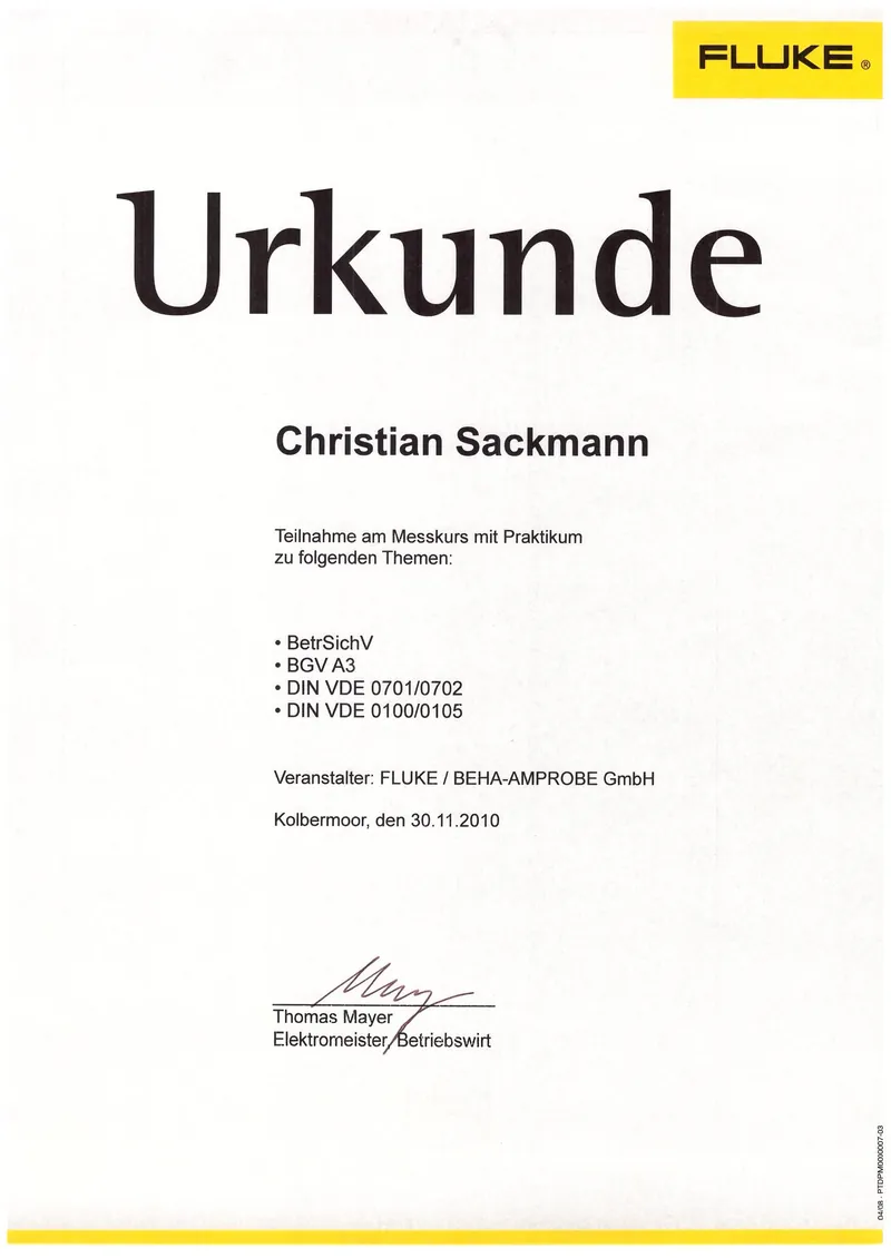 Fluke — Schulungsnachweis Messtechnik
