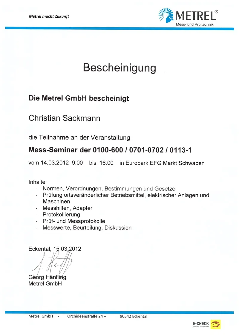 Metrel — Bescheinigung Prüftechnik