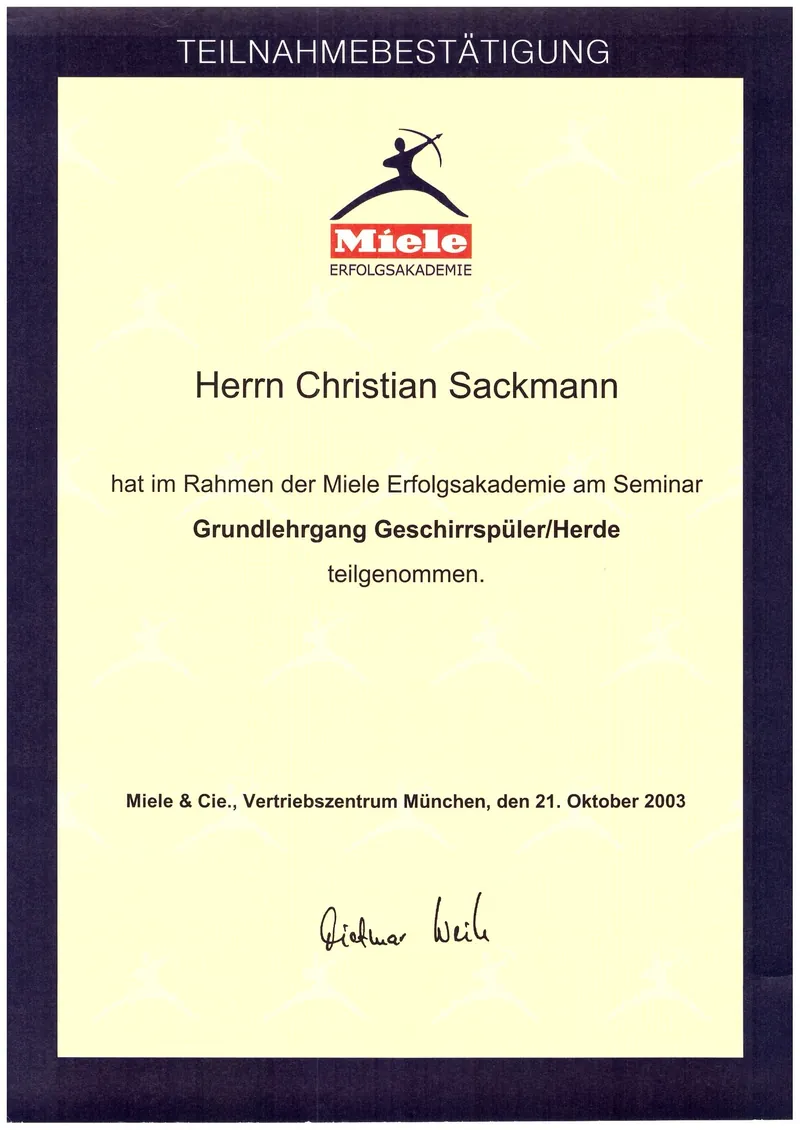 Miele — Kundendienst-Zertifikat